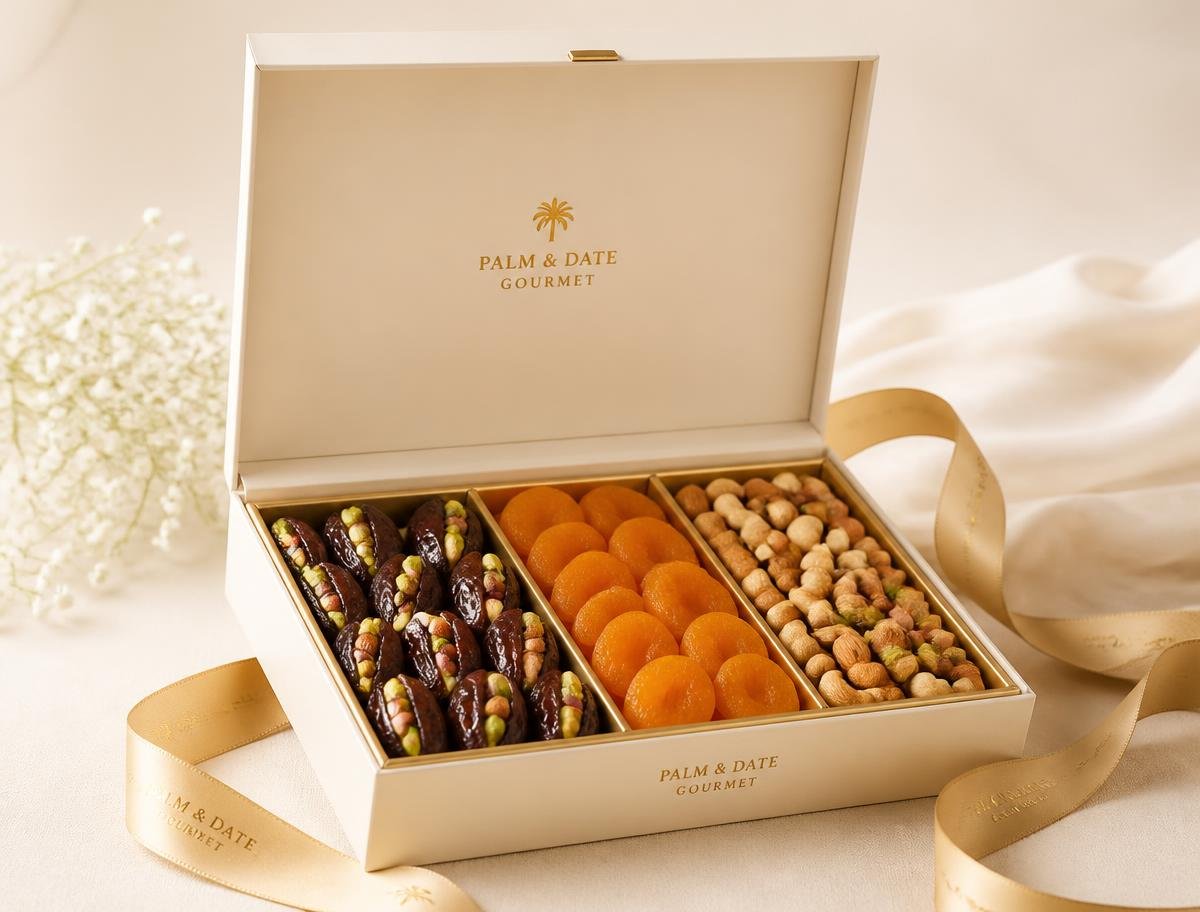 Gift hamper filled with stuffed dates, apricots and nuts