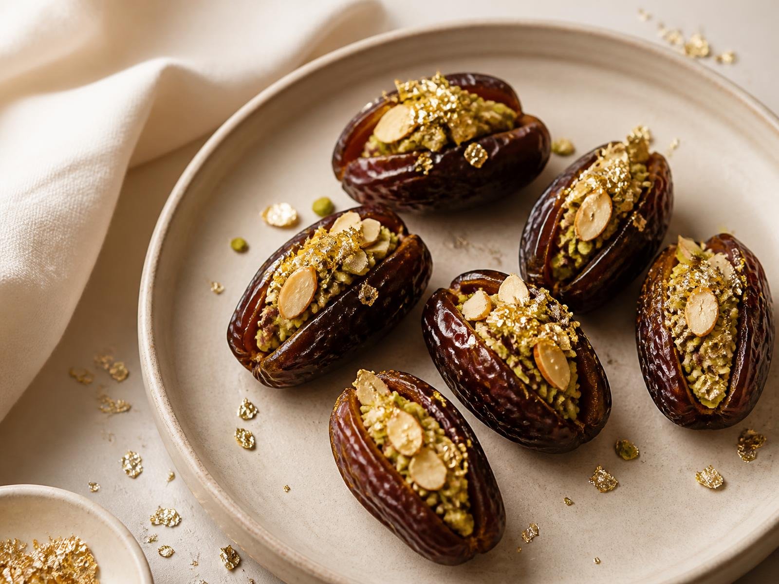 Premium stuffed Medjool dates with pistachio on a plate